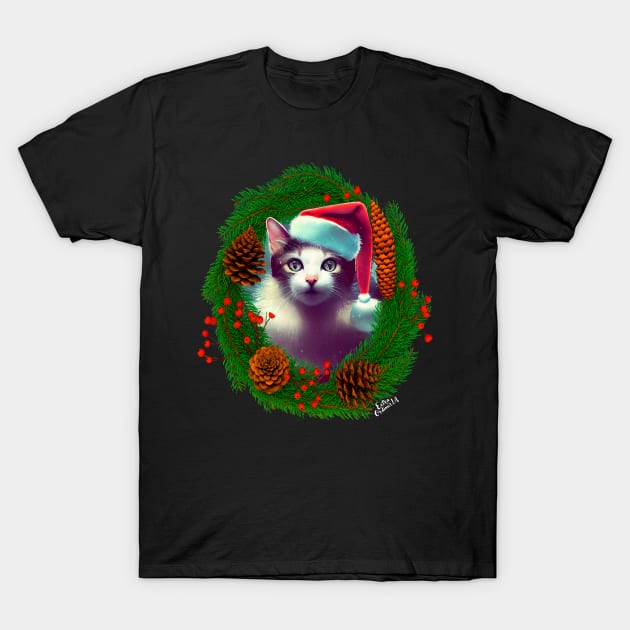 Cat in Christmas wreath T-Shirt by extraordinar-ia